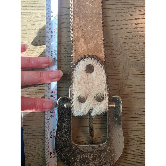 Vtg BB Simon Leather Calf Hair Western Rhinestone Buckle Belt - Very Heavy - main image 4